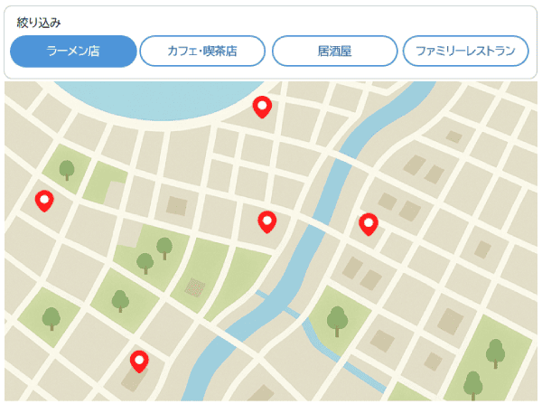 ラーメン店の位置にピンを立てた地図