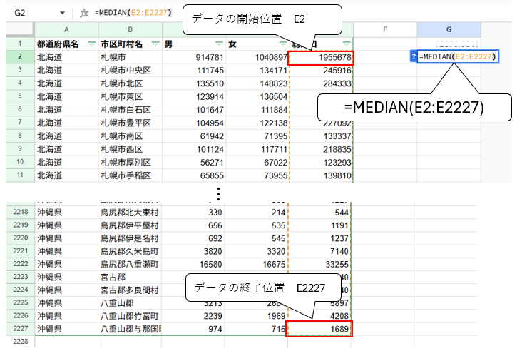MEDIAN関数で中央値を求める